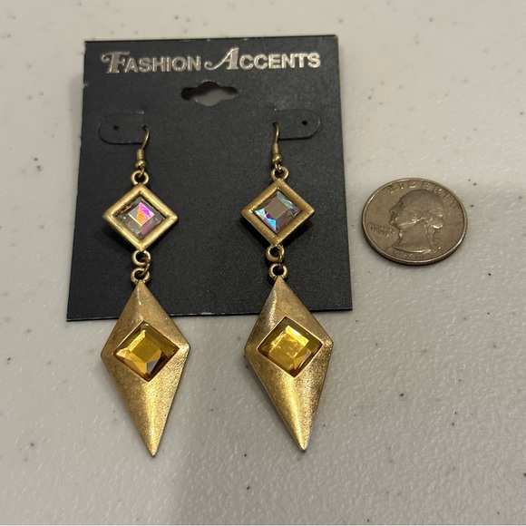 NWT Fashion Accents Earrings matte gold tone w/ Aurora Borealis Crystal dangles - Picture 7 of 8